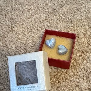 Antica Murrina Venetian Heart shaped grey glass earrings- brand new in box